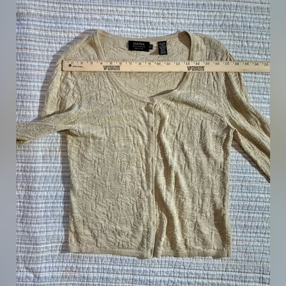 Dana Buchman Petite Tan And Gold Metallic Cardigan, Size M - Picture 7 of 9